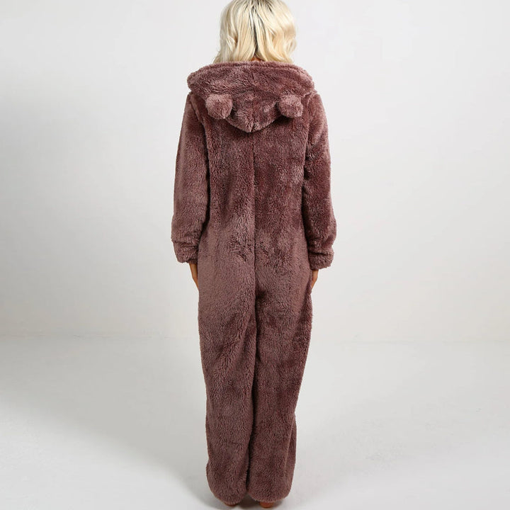 Gemütlicher Unisex Kuschel-Overall mit Bärenohren, flauschiger Hausanzug perfekt als Loungewear.