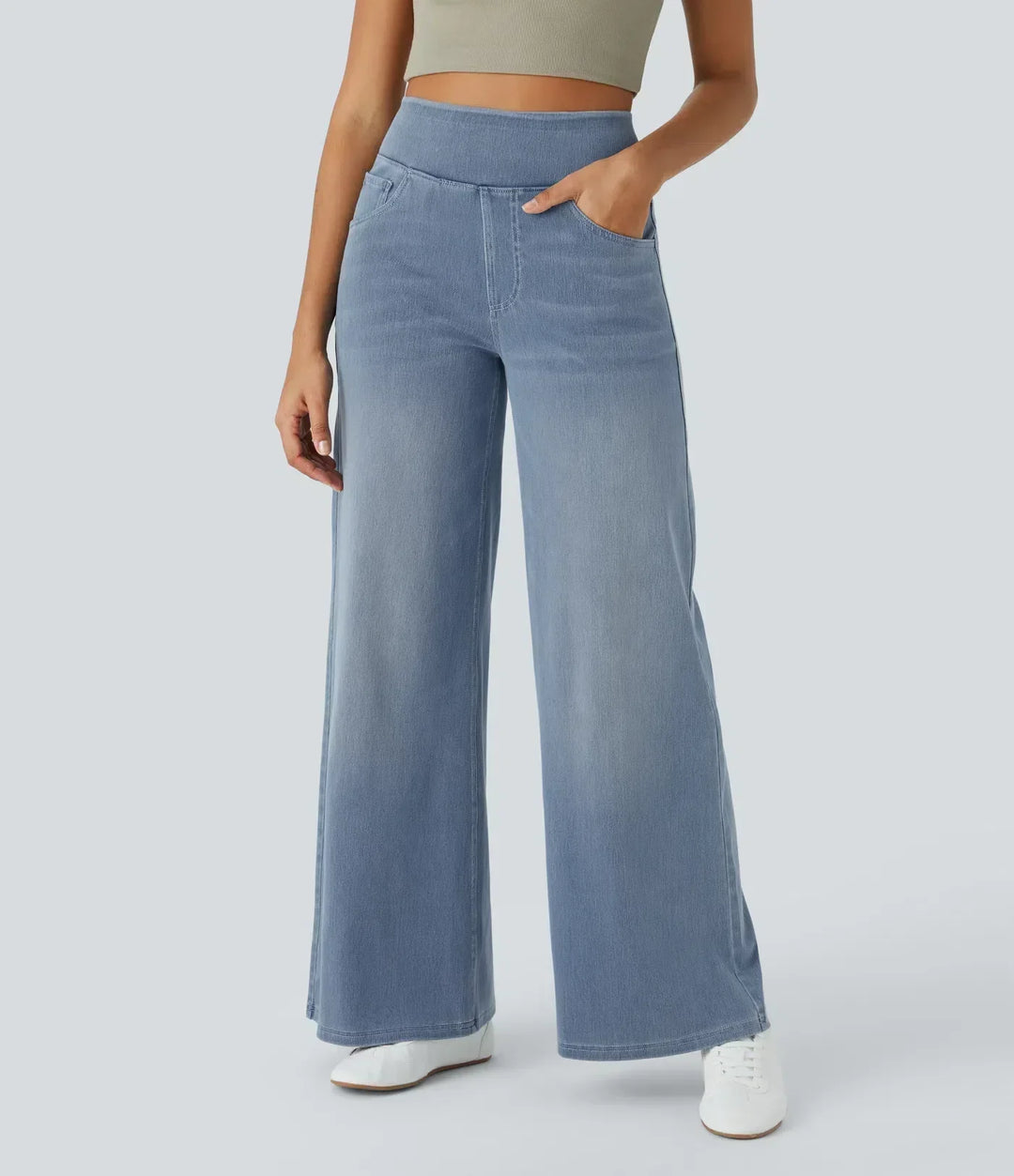 Moderne Damen High-Waist Slim Fit Jeans, bequem und elegant, in Dunkelblau oder Hellblau erhältlich.