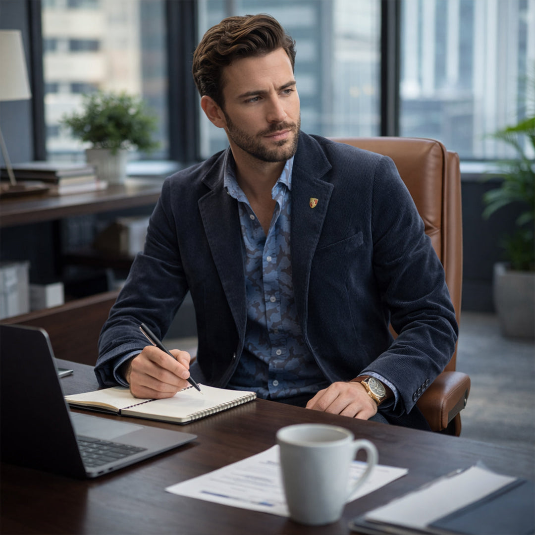 Vielseitiger Herren Vintage Struktur-Blazer in Marineblau, elegant für Business und Casual im Winter.