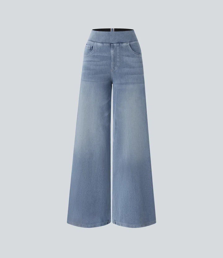 Elegante Damen High-Waist Jeans, dunkelblau, bequemer Stretch für Business & Smart Casual Outfits.