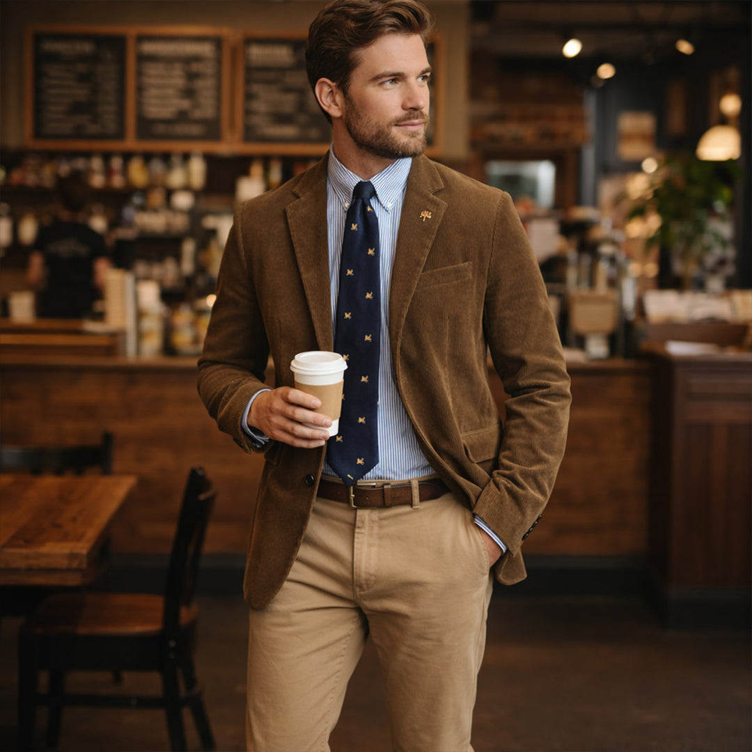Brauner Struktur-Herren-Blazer im Vintage-Stil, elegant und tailliert, perfekt für stilvolle Herbst-Outfits.