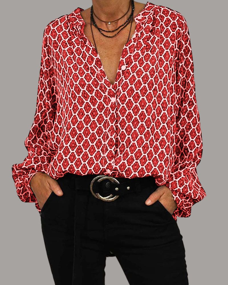 Feminine Damen Peasant Bluse mit V-Ausschnitt, Langarm & modischem geometrischem Muster. Vielseitiges Oberteil.