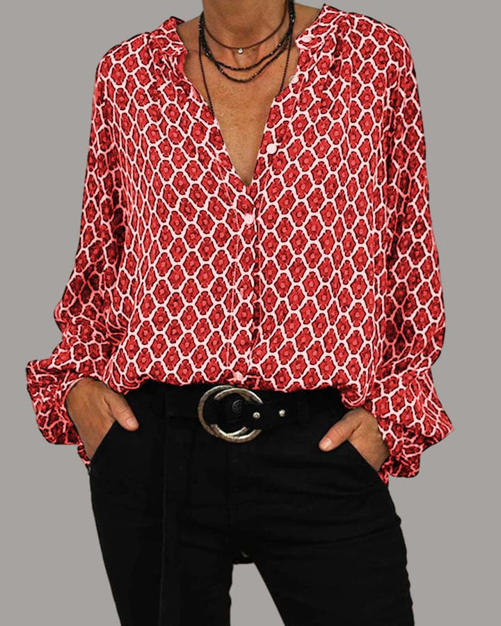 Feminine Damen Peasant Bluse mit V-Ausschnitt, Langarm & modischem geometrischem Muster. Vielseitiges Oberteil.