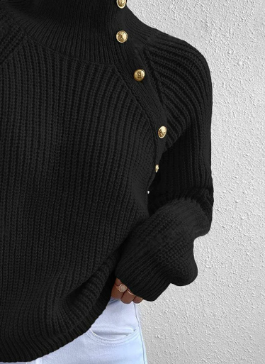 Gemütlicher schwarzer Feinstrickpullover für Damen, mit elegantem Stehkragen und langen Ärmeln für den Winter.