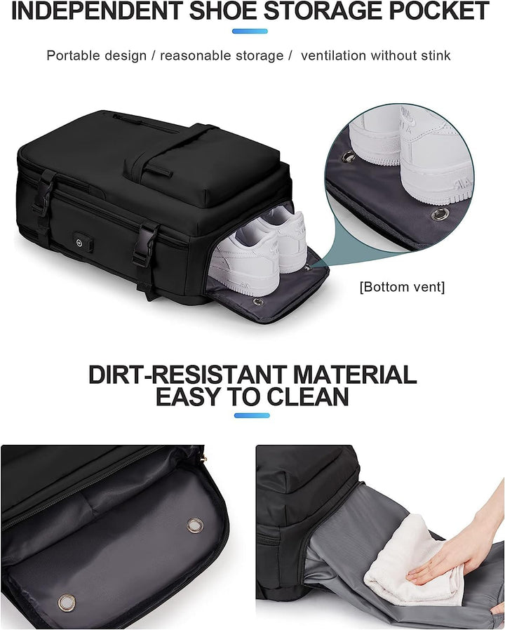 Praktischer 40L Handgepäck-Reiserucksack unisex mit USB-Ladeport und separatem Schuhfach.