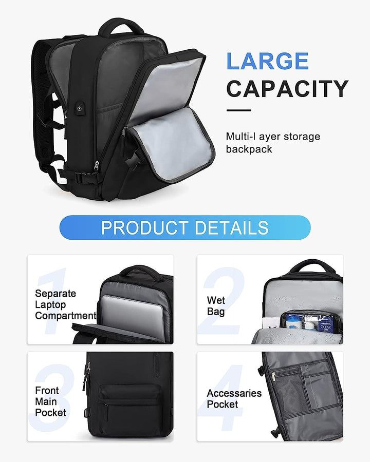 40L Unisex-Reiserucksack mit integriertem Schuhfach, USB-Anschluss und 14-Zoll-Laptopfach.