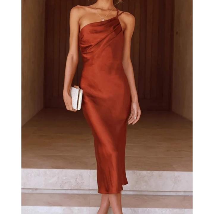Elegantes Damen One-Shoulder Abendkleid in Midi-Länge, figurbetont für festliche Anlässe & Partys.