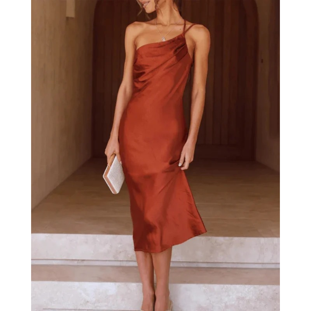 Figurbetontes braunes One-Shoulder Midi Abendkleid, perfekt als Cocktailkleid oder für Hochzeitsgäste.