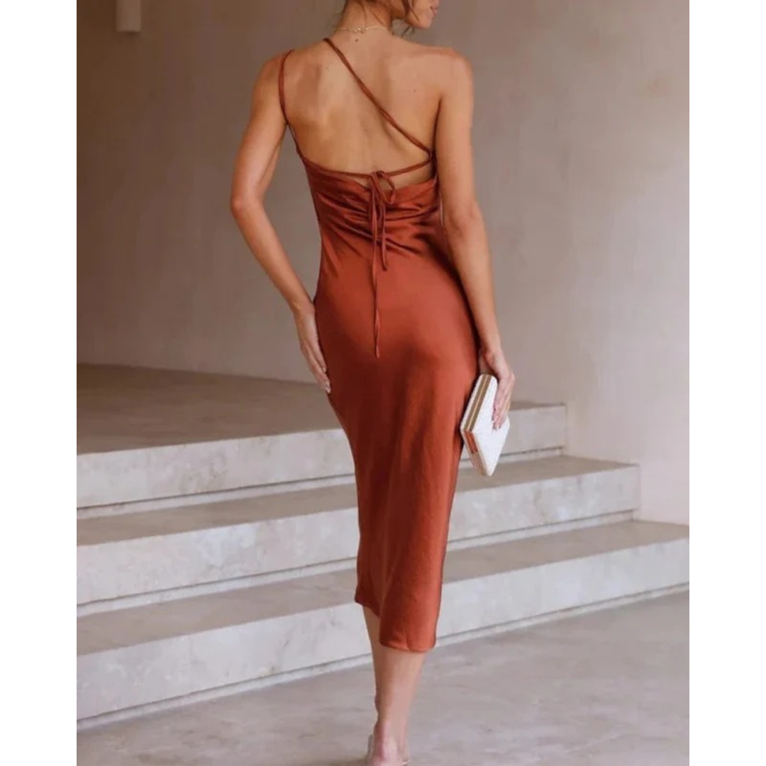 Schickes grünes Damen One-Shoulder Midi-Kleid, elegant und festlich, ideal für Abend- & Party-Events.