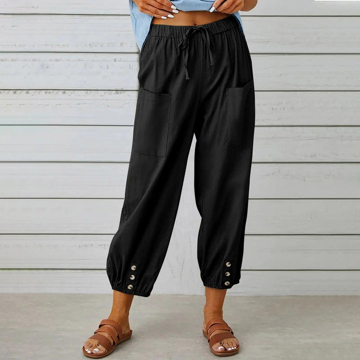 Damen knöchellange Leinenhose Mira mit Kordelzug & weitem Bein; perfekt für entspannte Sommertage.
