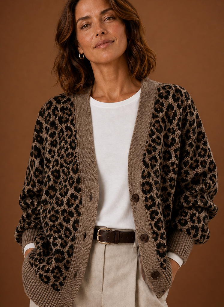Komfortable Damen Leoparden-Strickjacke. Langarm-Oberteil mit V-Ausschnitt & Knöpfen für modische Herbst-Looks.