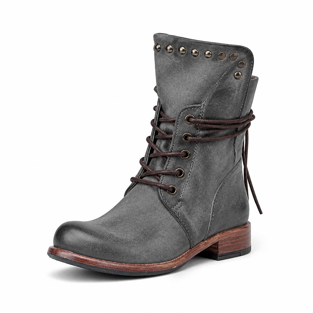 Damen Stiefeletten Used-Look, knöchelhoch mit Schnürung & robustem Blockabsatz. Lässige Vintage-Schuhe für Frauen.