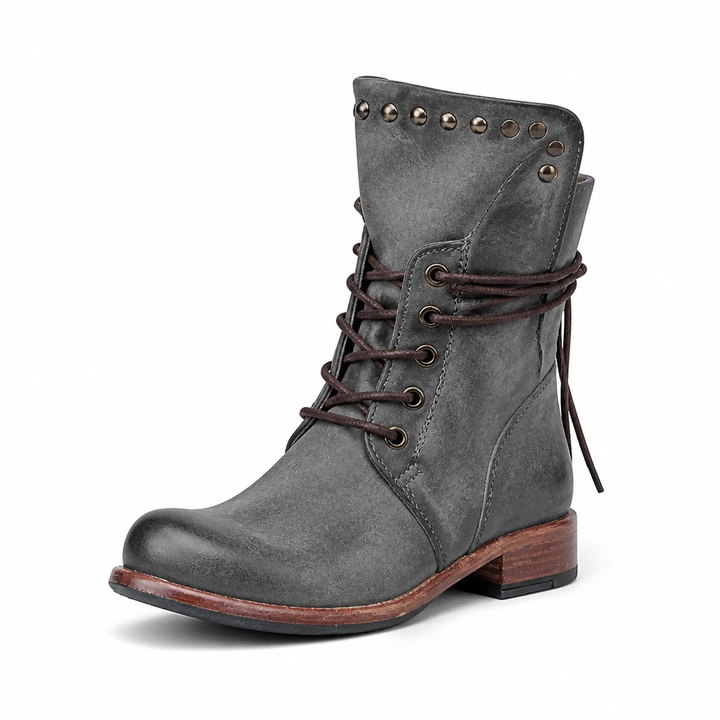 Damen Stiefeletten Used-Look, knöchelhoch mit Schnürung & robustem Blockabsatz. Lässige Vintage-Schuhe für Frauen.