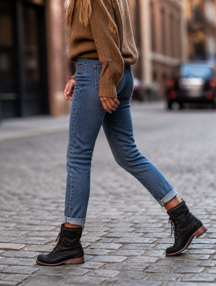 Lässige Damen Schnürstiefeletten im Vintage-Look mit bequemem Blockabsatz, knöchelhoch. Modisch für Herbst & Winter.
