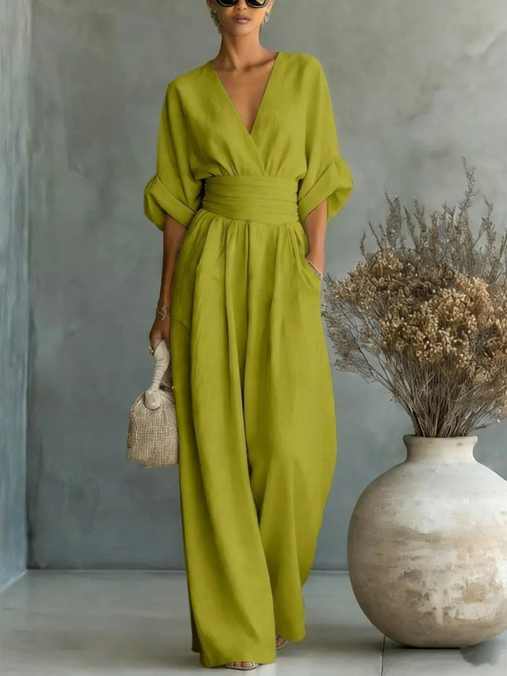 Damen-Jumpsuit, eleganter V-Ausschnitt-Overall mit weitem Bein, eine modische Wahl für festliche Events.