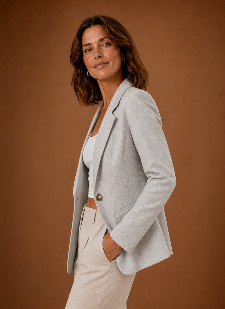 Schicker Damen Einknopf Blazer in Grau, tailliert geschnitten; perfekt für professionelle Büro Kleidung und besondere Anlässe.