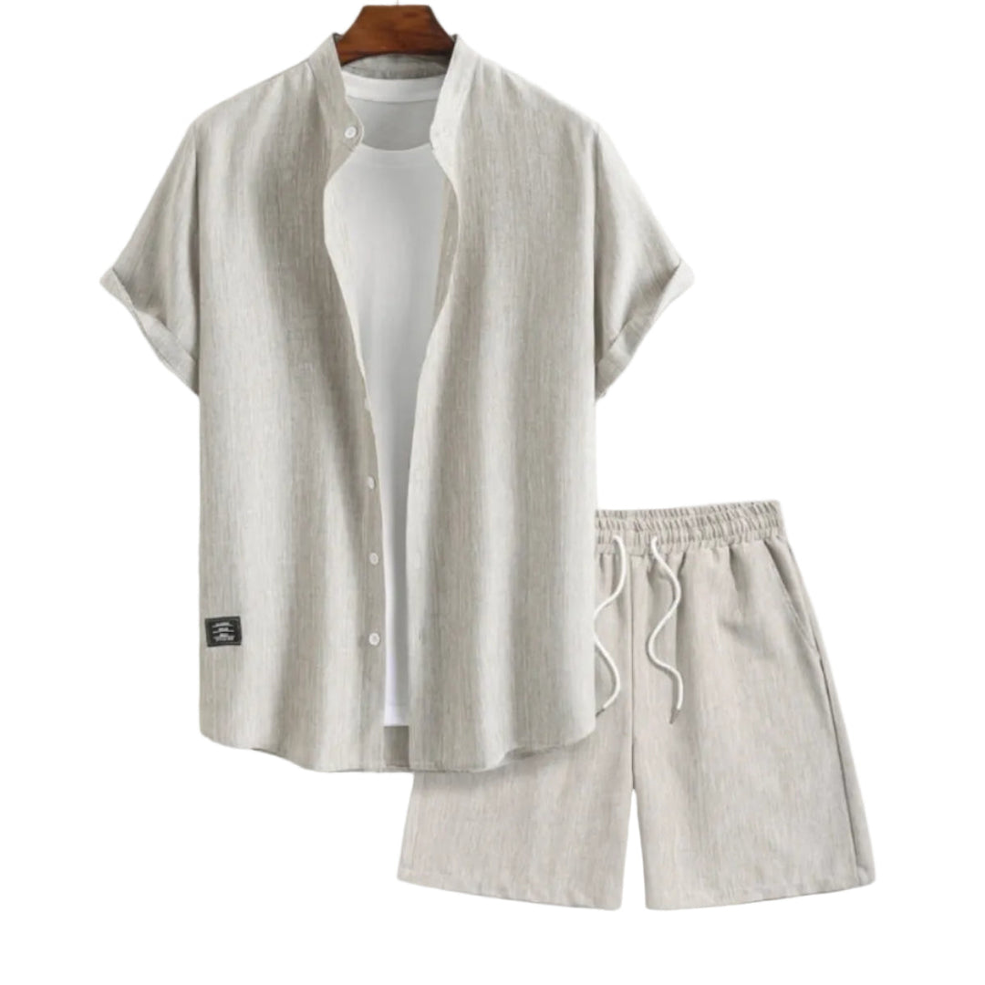 Herren Sommer-Set: Lässiges graues Kurzarmhemd & passende Shorts, perfekt für Freizeit & entspannte Outfits.