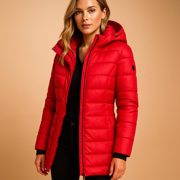 Nahaufnahme der leichten Damen Steppjacke. Bequeme Winterjacke für stilvolle Damenmode.