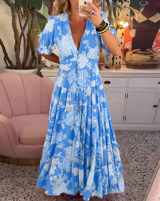 Fließendes Damen Maxikleid mit floralem Muster und V-Ausschnitt, perfekt für Strand, Freizeit oder Anlässe.
