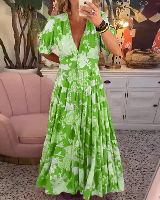 Kurzärmeliges Damen Maxikleid im Blumenmuster mit V-Ausschnitt, ein schickes und bequemes Freizeitkleid.