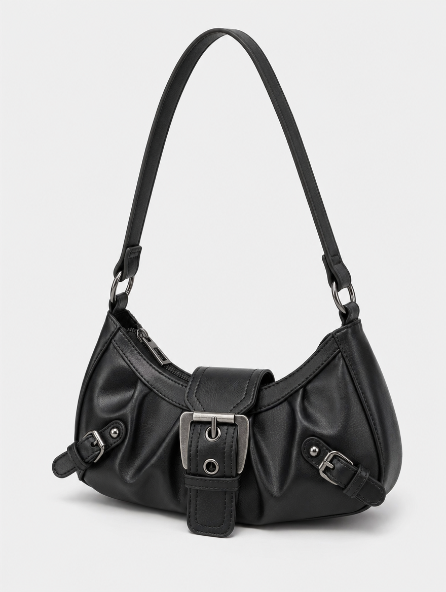 Zeitlose Damen Schultertasche im Baguette-Stil, ein elegantes Accessoire aus Kunstleder mit dekorativer Schnalle.