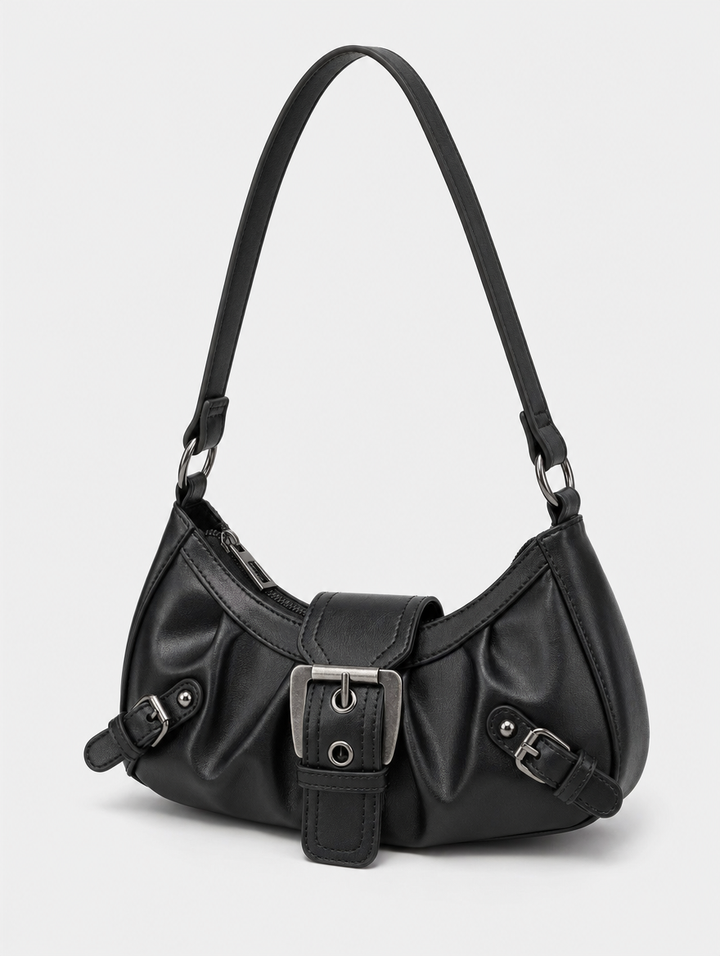 Zeitlose Damen Schultertasche im Baguette-Stil, ein elegantes Accessoire aus Kunstleder mit dekorativer Schnalle.