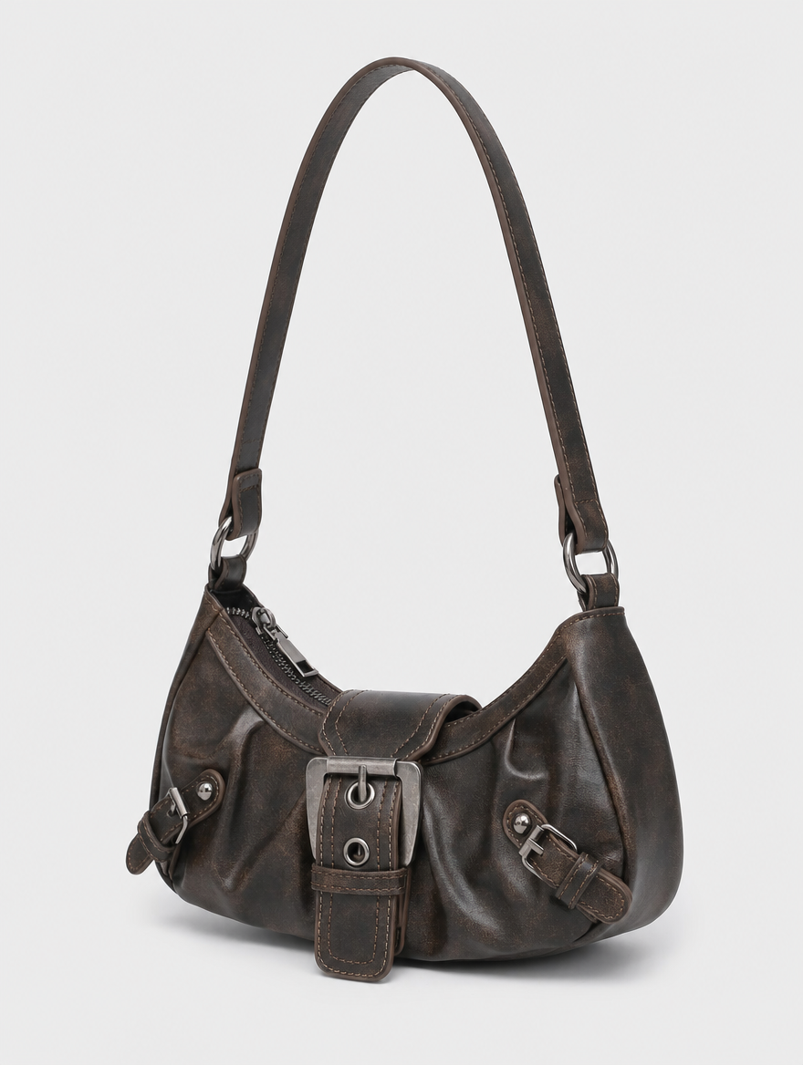 Elegante Damen Baguette-Schultertasche aus Kunstleder mit stilvollem Schnallendetail, perfekt für Vintage-Mode.
