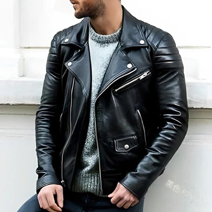 Lässige schwarze Herren Bikerjacke mit Reverskragen, modische Übergangsjacke für den modernen Mann.