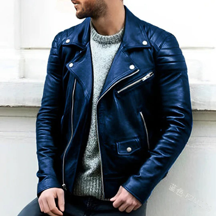 Stylische blaue Herren Bikerjacke als Freizeitjacke, perfekt für den modernen Mann; modische Herrenmode.
