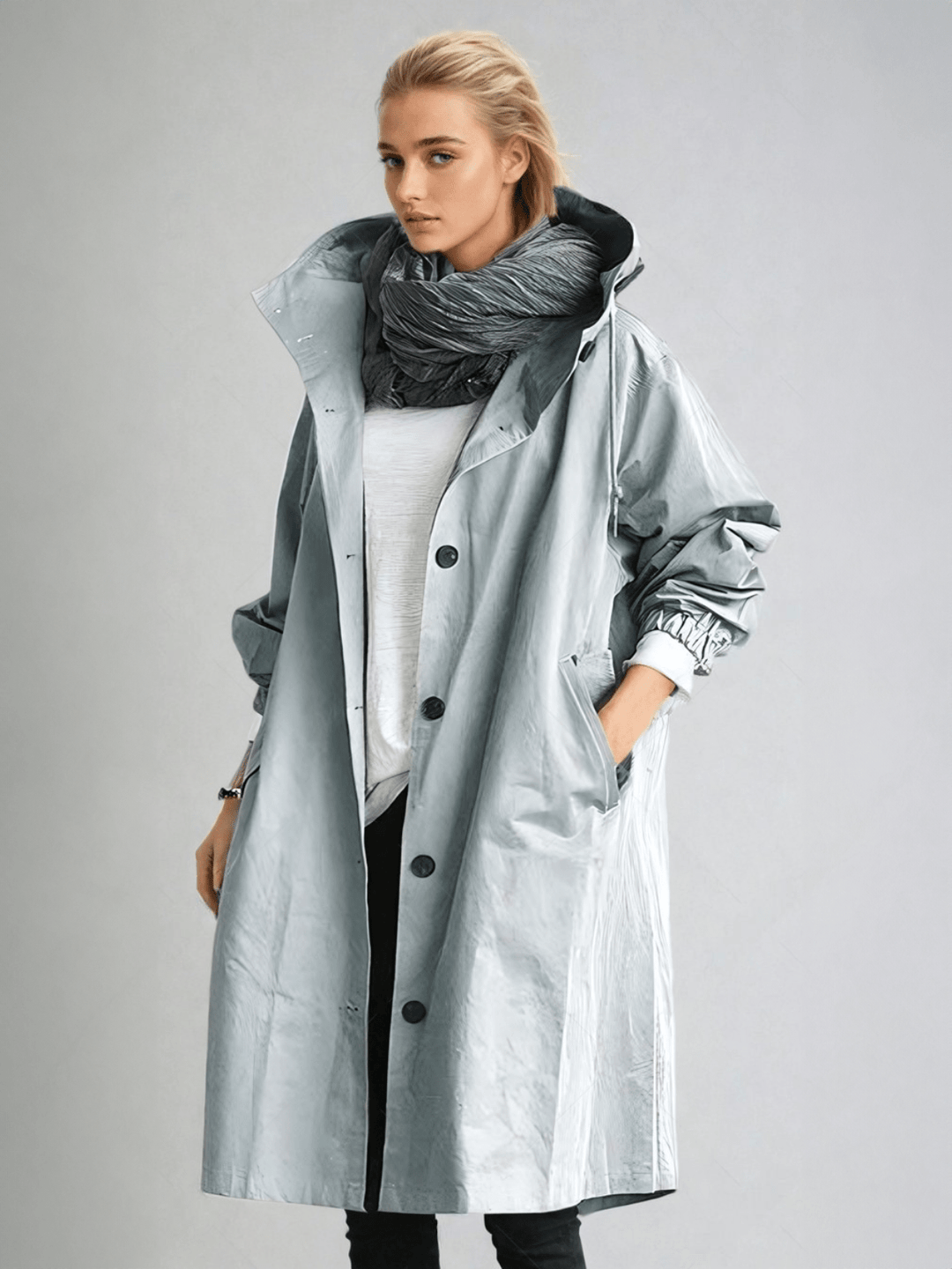 Lässiger oversized Damen Trenchcoat mit Kapuze. Wasserabweisend, die perfekte Oberbekleidung für den Herbst.