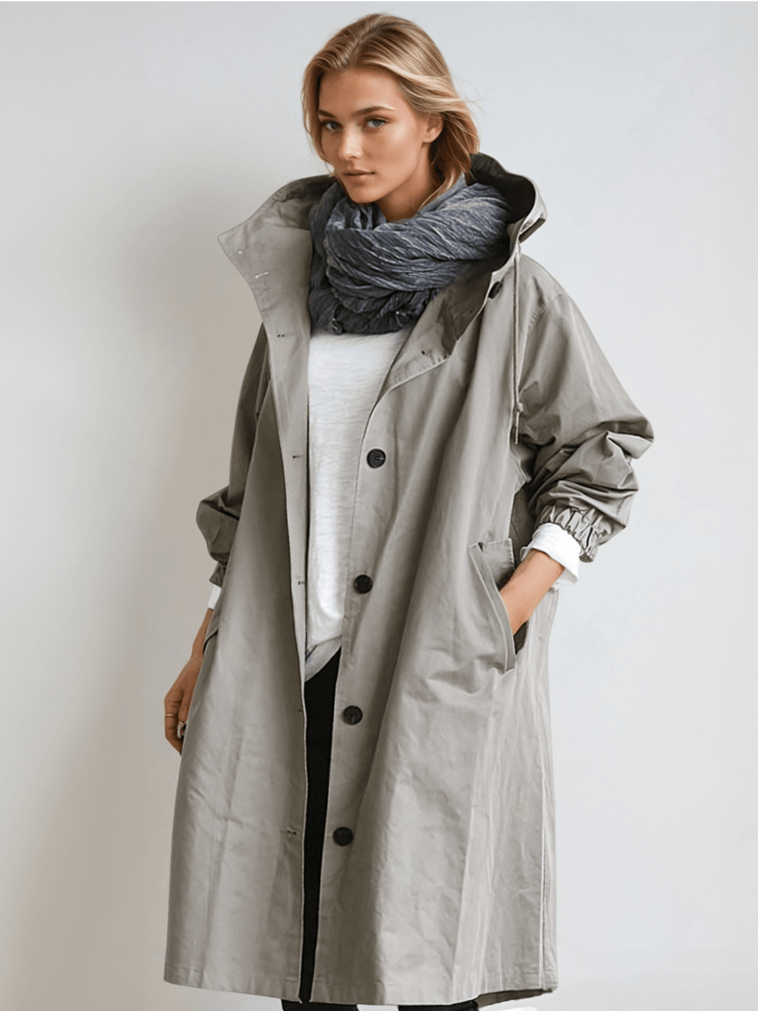 Stylischer oversized Damen Trenchcoat mit Kapuze. Lockere Passform für urbane Casual-Looks im Herbst.