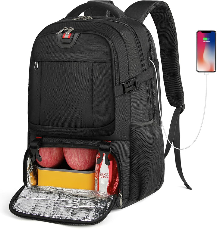 Moderner großer Rucksack aus strapazierfähigem Material mit USB-Port, Laptopfach & separater Lunchtasche für Uni & Büro.
