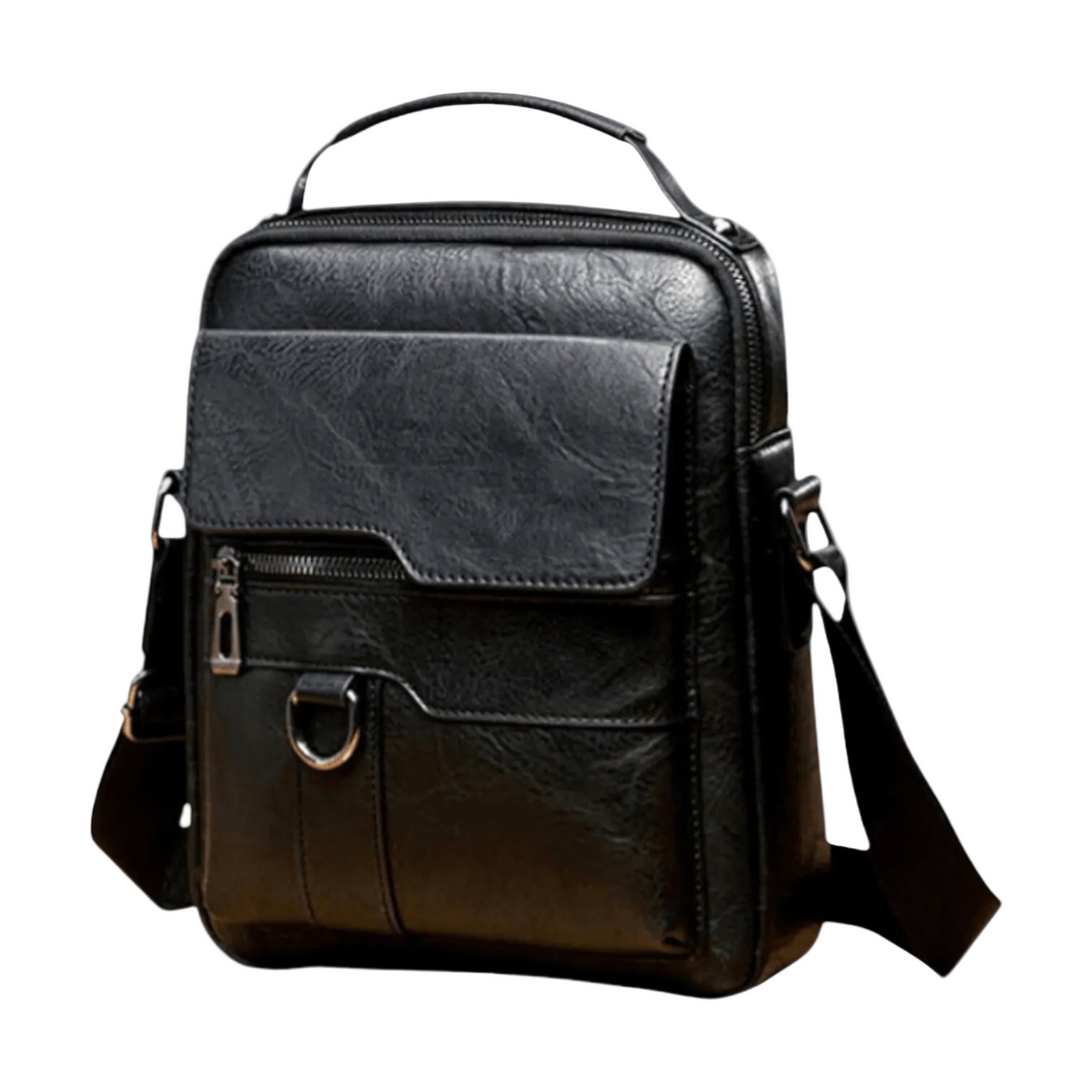 Vielseitige Herren Alltags- & Reisetasche, kompakte Schultertasche mit Reißverschlussfächern in Schwarz.