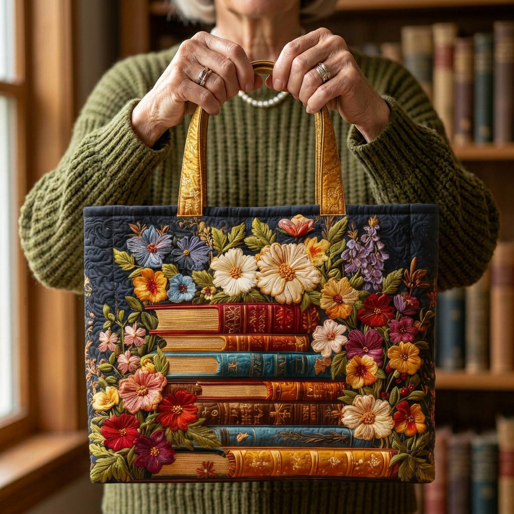 Einzigartige, gepolsterte Damen-Schultertasche mit handgenähtem Blumenmuster. Perfekt als stilvolles Unikat.