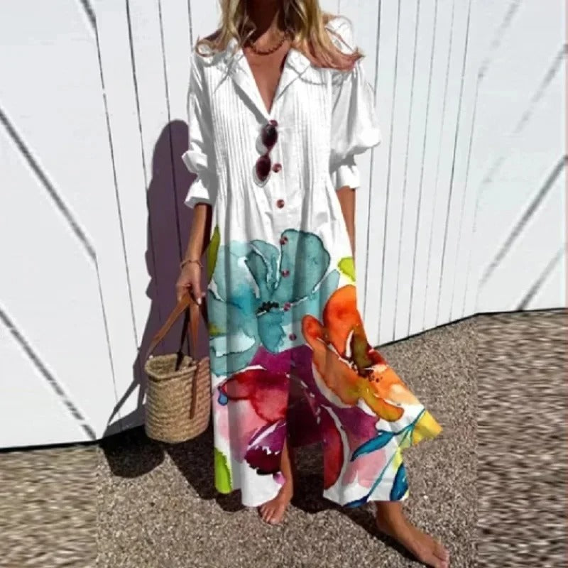 Damen Geblümtes Boho-Maxikleid, leicht & fließend, perfekt für Sommer und Urlaub.