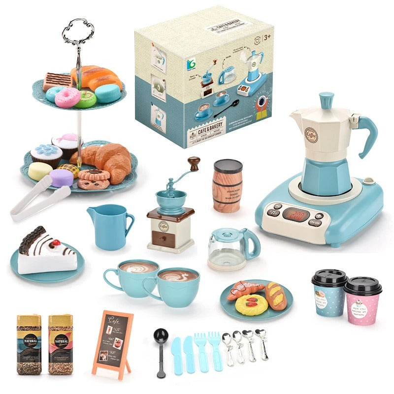 Detailliertes Kinder Café-Set Barista & Bäckerei Spielzeug aus Holz & Kunststoff für kreatives Rollenspiel.