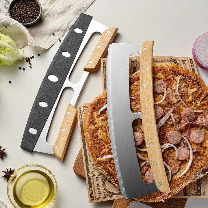 Robuster Pizzaschneider aus Edelstahl mit 35 cm gebogenem Pizzamesser; unverzichtbarer Küchenhelfer für jede Pizza.