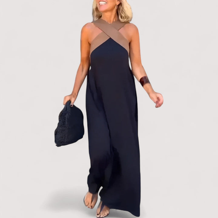 Elegantes Damen Sommer Maxikleid mit Neckholder, ärmellos, ideal für Freizeit, Strand und entspannten Urlaub.