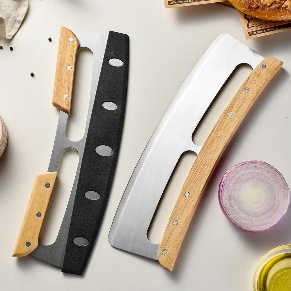 Scharfer Pizzaschneider mit 35 cm langer, gebogener Edelstahlklinge; ideal für perfekte Pizzastücke & professionellen Gebrauch.