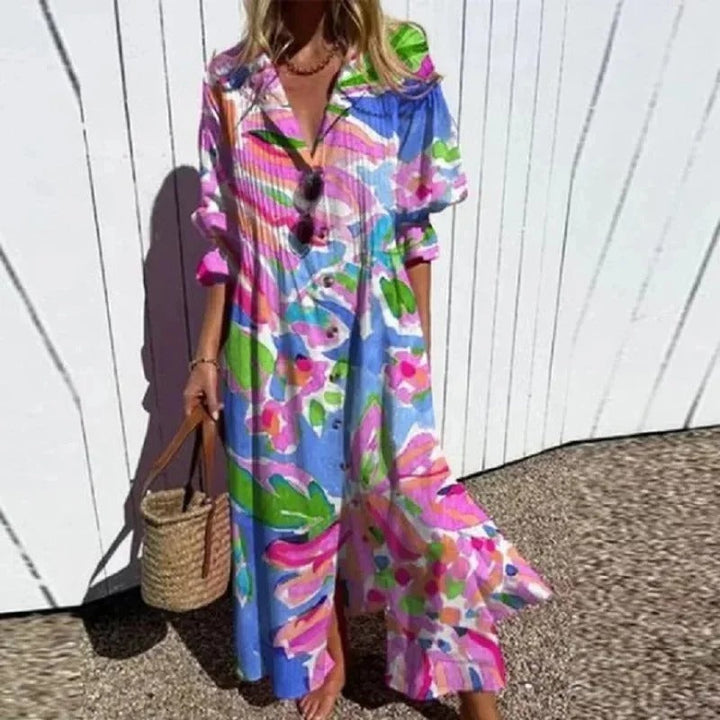 Feminin geblümtes Boho Maxikleid für Damen, ideal für Sommer, Strand & Gartenparty.