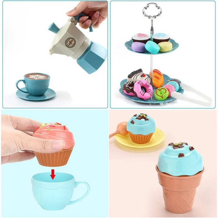 Kind spielt glücklich mit dem interaktiven Kinder Café-Set Barista & Bäckerei, fördert soziale Fähigkeiten.