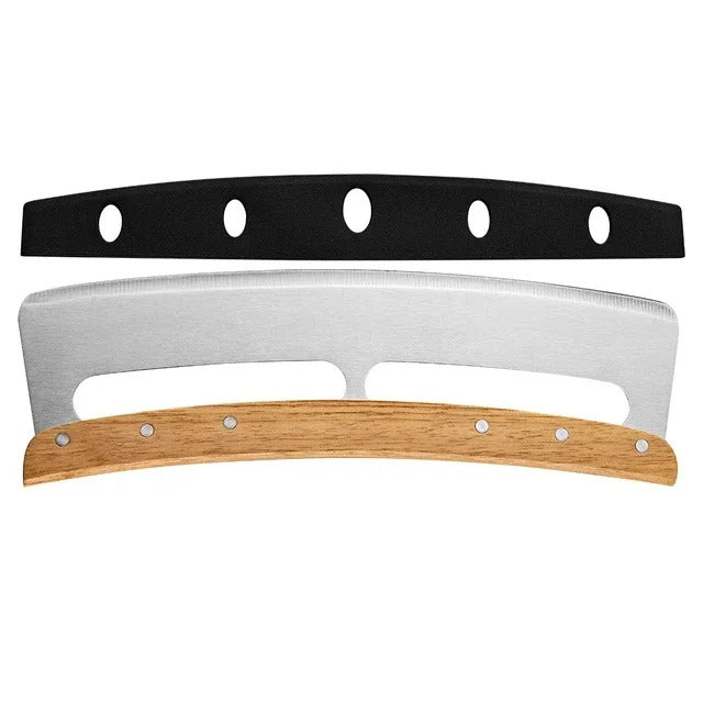 Großer, gebogener Pizzaschneider (35 cm) aus rostfreiem Edelstahl. Schneidet mühelos Pizza und Teig – ein Top Küchenhelfer.