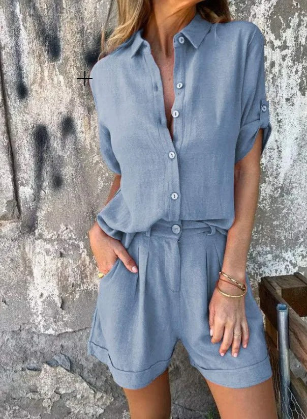 Damen Zweiteiler für entspannte Tage: locker geschnittenes Langarm Hemd & weite Sommerhose.