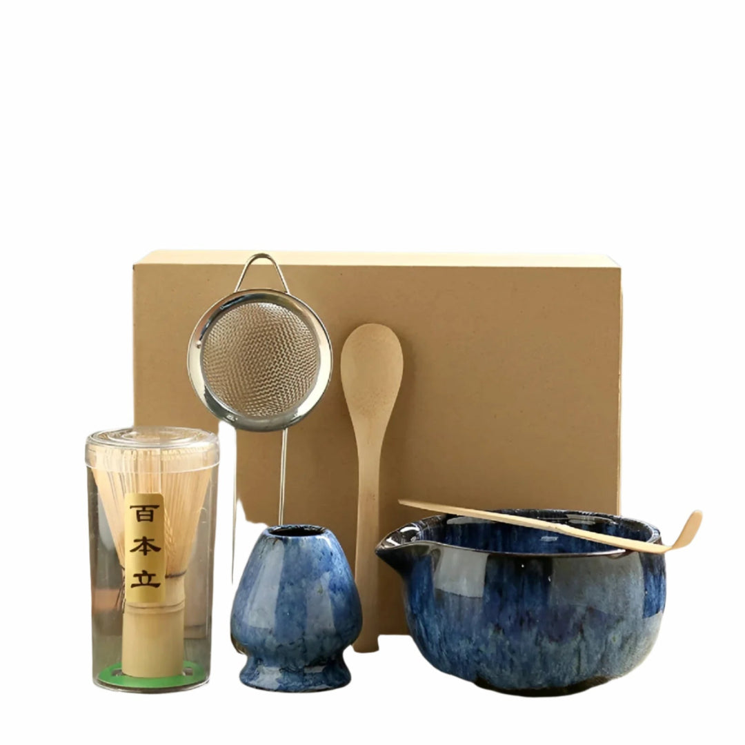 Japanisches 6-teiliges Matcha Teezeremonie Set aus Keramik & Bambus für authentischen Teegenuss & Zubereitung.