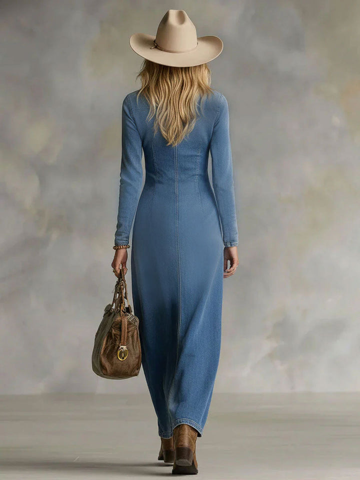 Elegantes Damen Maxikleid, blau, mit V-Ausschnitt, Knopfleiste. Vielseitiges Langarmkleid für Sommer & Freizeit.
