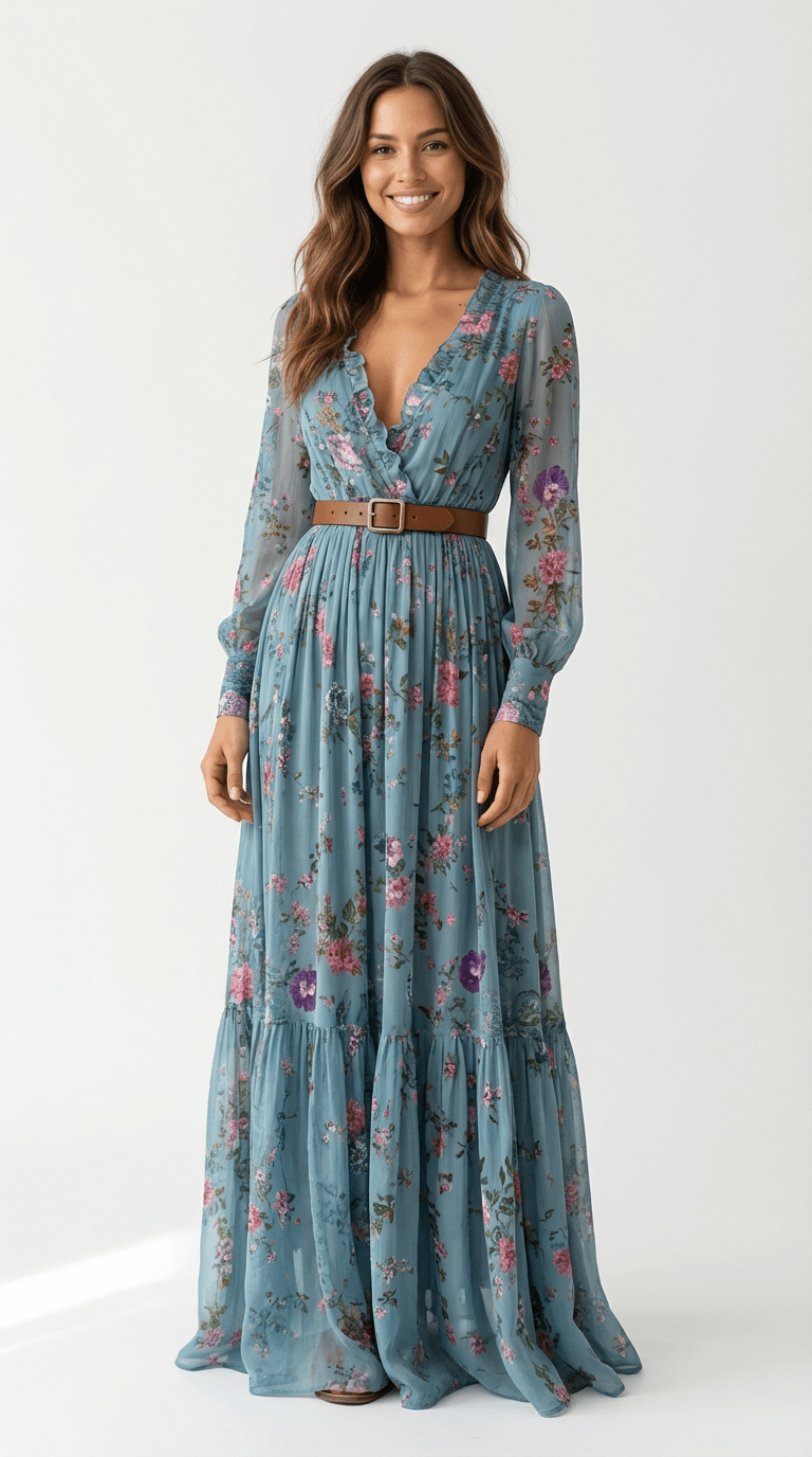 Langes Damen Maxikleid Langarm, Regular Fit. Vielseitiges Boho Freizeitkleid, ideal für entspannte Momente.