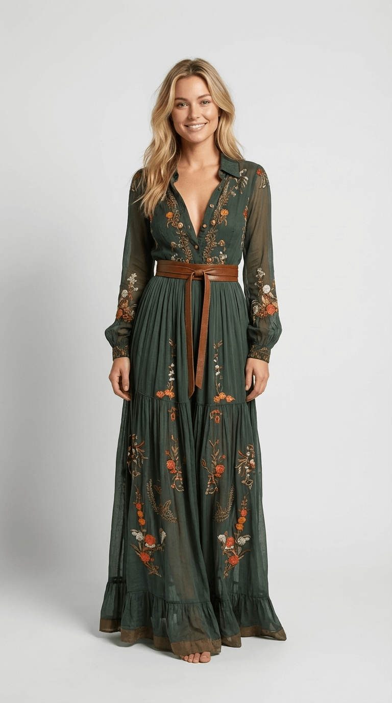 Damen Regular Fit Maxikleid im Boho-Stil. Grünes Langarm Freizeitkleid, perfekt für Herbst und legere Anlässe.