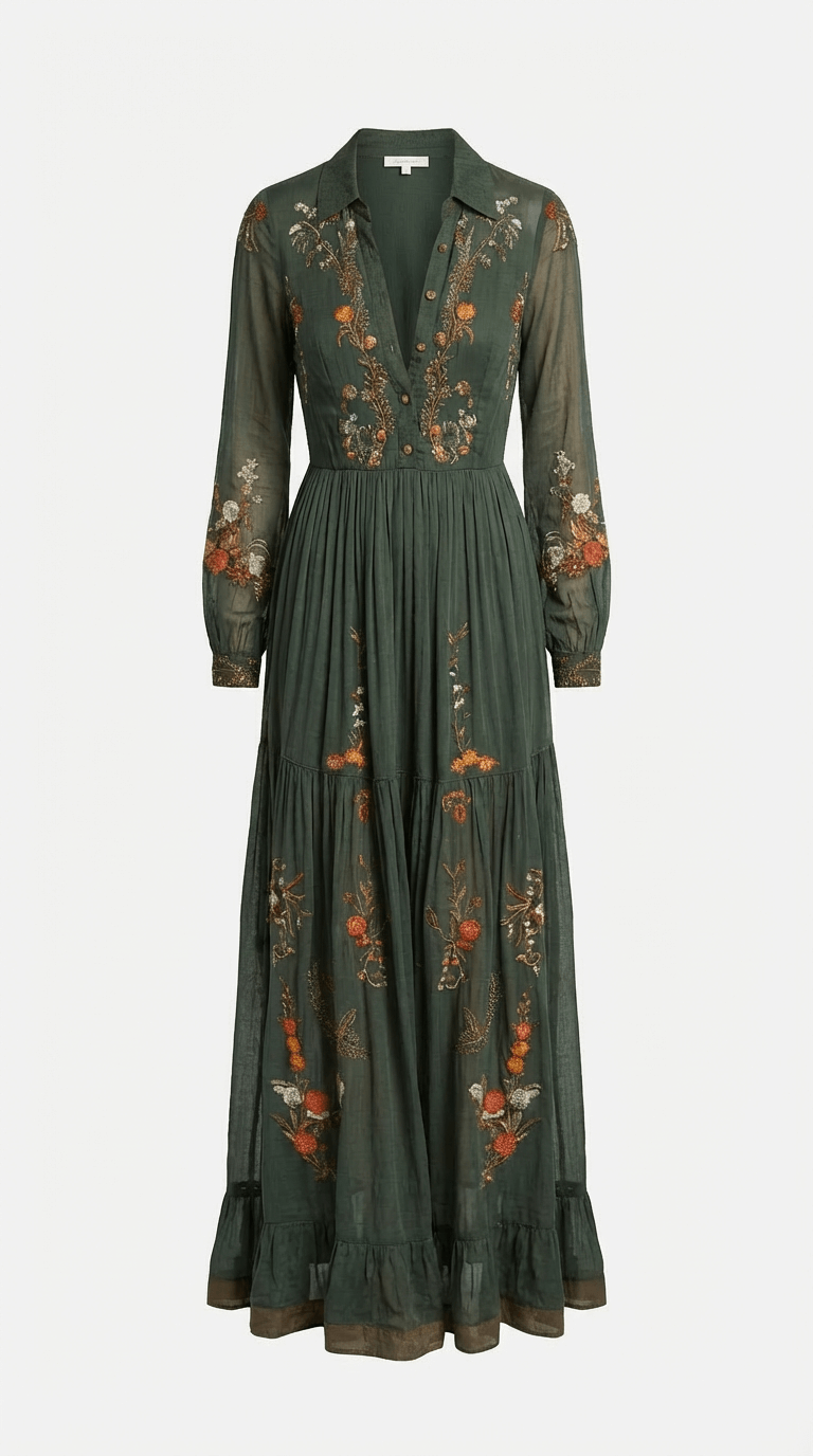 Dunkelbraunes Damen Maxikleid Regular Fit. Legeres Langarm Boho Kleid, ideal als Freizeitkleid im Herbst.