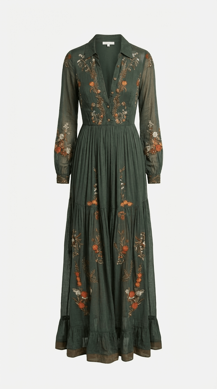 Dunkelbraunes Damen Maxikleid Regular Fit. Legeres Langarm Boho Kleid, ideal als Freizeitkleid im Herbst.