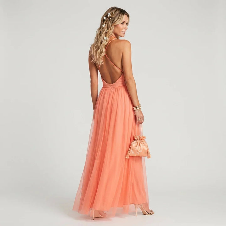 Festliches oranges Abendkleid für Damen, langes Maxikleid mit elegantem V-Ausschnitt und schmeichelnder A-Linie.